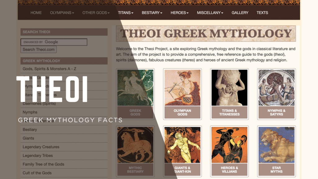 Theoi Greek mythology website interface showcasing sections on Greek gods, Titans, and mythical creatures, emphasizing educational resources for Greek mythology facts.