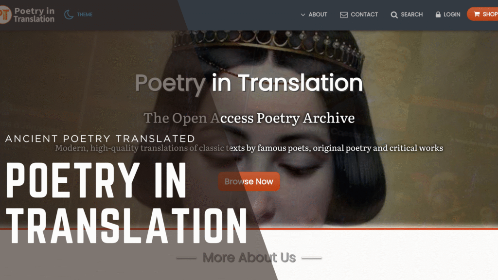 Poetry in Translation website banner featuring the title "Poetry in Translation," highlighting ancient poetry translations, with a background image of a woman adorned with a crown.